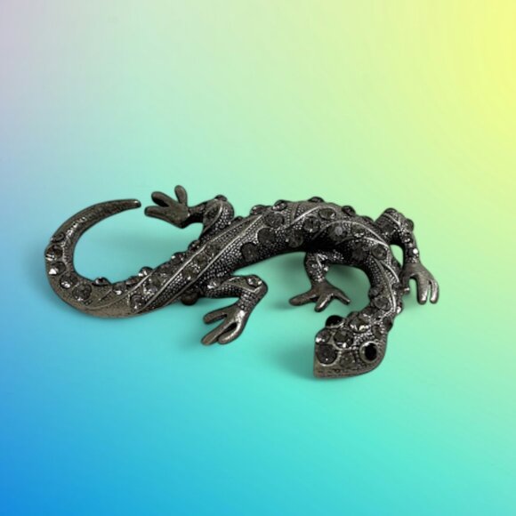 Vintage Silver Tone Rhinestone Lizard Brooch Pin 3 in, Gecko - Picture 2 of 11